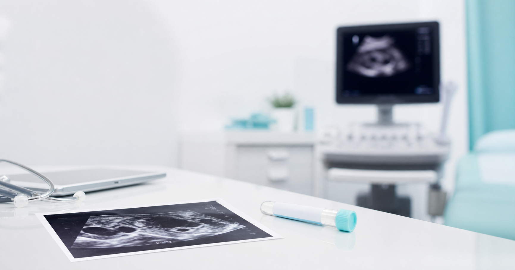 Чиста редакционна снимка в медицински стил, свързана с PCOS, проследяване на овулация и хормонални изследвания, без текст